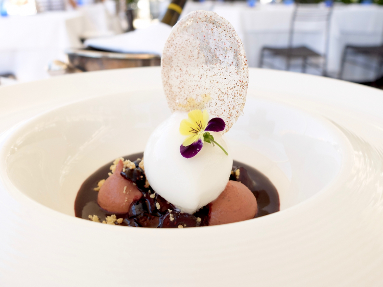 Sorbetto ai fiori di sambuco, mirtilli, crema di mirtilli, ganache al ribes nero e cialda al pepe rosa