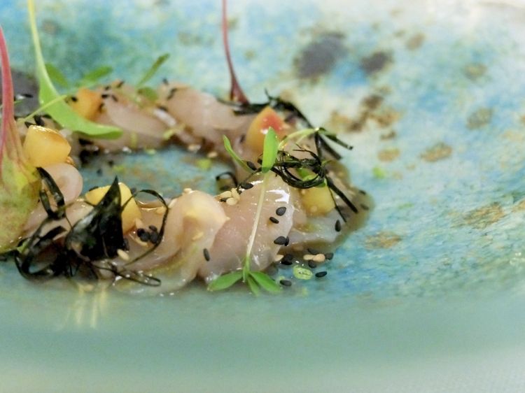Leonforte: ricciola di lenza leggermente marinata con germogli freschi, servita con Bellini di pesca gialla di leonforte e zenzero. Il pesce del VotaVota viene da tre importanti mercati siciliani, quelli di Donnalucata, Aci Trezza e Scoglitti