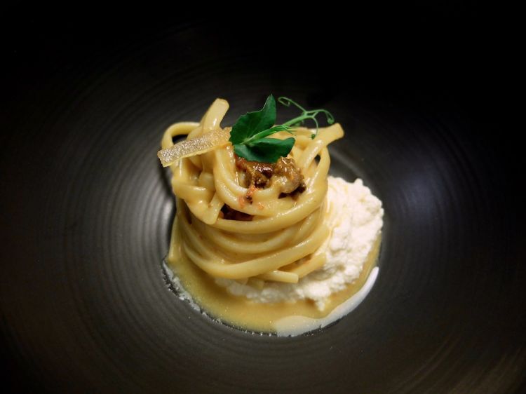 Linguine ai ricci di mare, ricotta agli agrumi, scorza di limone candito
