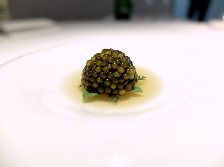 ...here’s the caviar on a disk of broth of puchero, an Andalusian stew...
