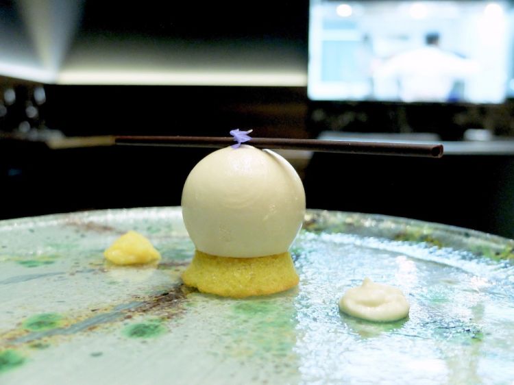 Pianeta: sfera di cioccolato bianco, dacquoise alla nocciola, madeleine all'arancia, composta di arancia e finocchietto