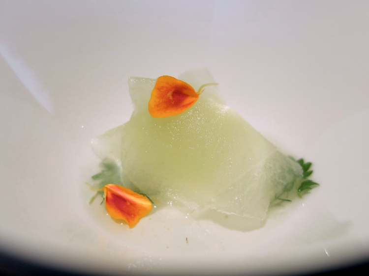 Sorbetto di mele Granny Smith, osmosi di finocchio con lime, aneto e melograno. In accompagnamento, un cocktail di sciroppo d'agave con succo di pepe rosa, succo di ciliegie Fuoco di Morella e rum Botran
