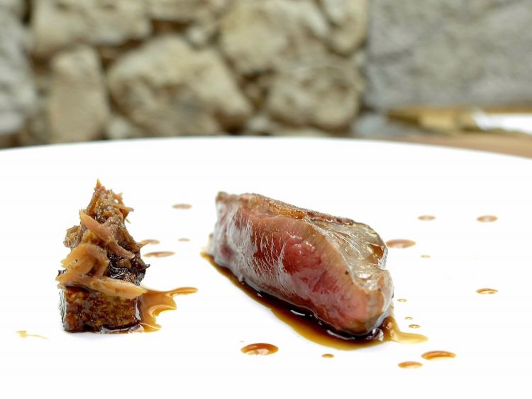 Piccione alla brace. Il petto è intero, il filetto (crudo) in tartare, gli sfilacci su pan de brona, un pane di mais della Galizia. Tecnicamente molto ben eseguito
