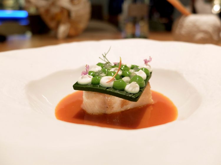 Black cod: merluzzo nero su estrazione concentrata di zuppa di pesce, gel di plancton e gamberi, limone, erbe aromatiche, salse di prezzemolo, aioli e agrumata. Sempre alto livello
