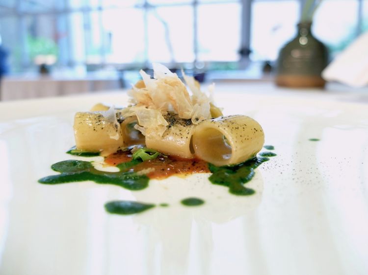 Mezzemaniche, fegati e fegato. La pasta è condita con foie gras, fegato di seppia, katsuobushi, salsa verde di foglia ostrica, riduzione di bisque, crescione
