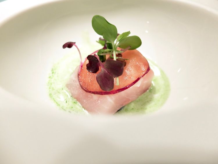 Sashimi di ricciola atlantica, prugne fermentate, latte di cocco al lemon grass, zenzero e prezzemolo. Elegantissimo