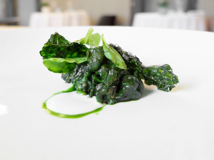 Qui siamo dalle parti della "rivisitazione della tradizione", formula odiosa ma che può condurre a risultati notevoli, come in questo caso: Lumache di Cherasco, cavolo nero, caviale disidratato, salsa all'aglio dolce. Il cavolo è sia in salsa che fritto, complessivamente un gran piatto