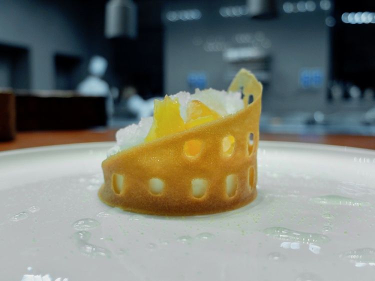 Colosseo 2020: a concludere il M.O.M.A. è un dessert che valorizza il nostro patrimonio artistico e in particolare il monumento più celebre della Capitale. La cialda racchiude ricotta, uvetta, crumble, pesche sciroppate, grattachecca di limone e basilico, sciroppo di fiori di sambuco
