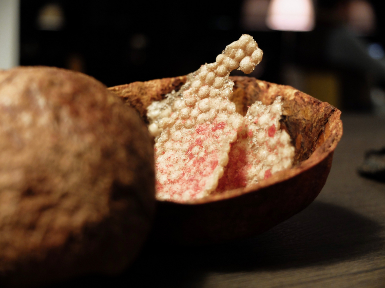 Siamo alla frutta, vari giochi dolci a base di frutta. Qui Polvere di melograno e chips di tapioca