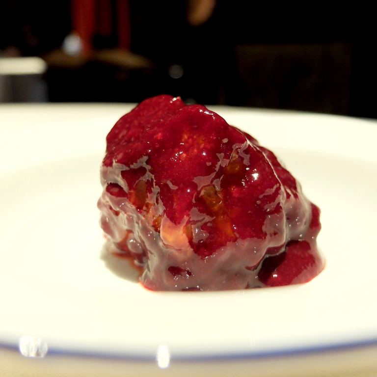 A great dessert: Pan bagnato, purée of blackberries, Gran Cru Bora Bora vanilla gelato. The stale bread is soaked in water and sugar overnight 
