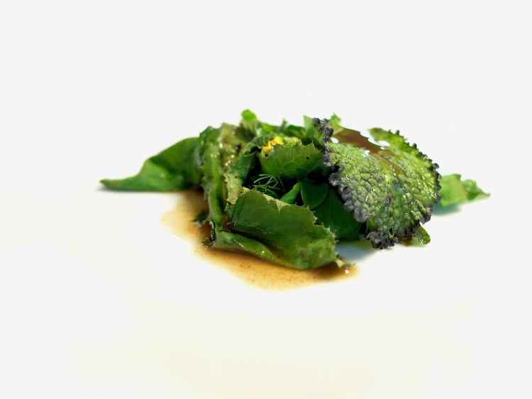 Interessantissima l'Insalata di erbe spontanee alla griglia con bagna cauda. Per la salsa, l'aglio è candito tre volte nel latte, gli chef non usano poi le acciughe, ma gli agoni. Grande equilibrio tra note vegetali, tostate, col sentore di griglia
