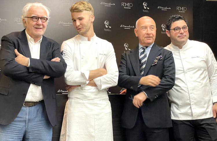 Souvenir photo at the end of the conference at Romeo in Naples. Left to right, Alain Ducasse, Stéphane Petit, Alfredo Romeo and Salvatore Bianco
