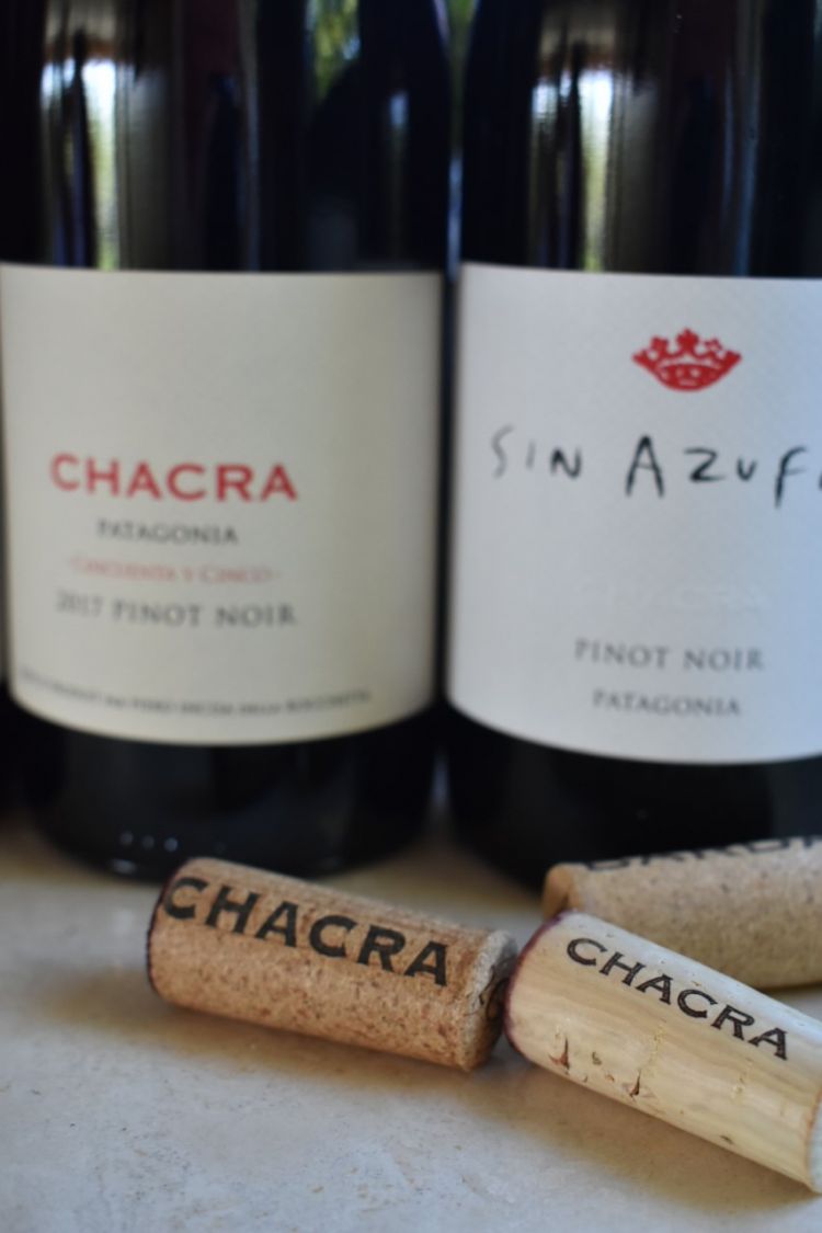 Due Pinot di punta di Chacra, il Cinquenta y cinco e il Sin Azufre (senza zolfo, senza solfiti aggiunti)
