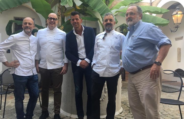 Da sinistra: Moreno Cedroni, Paolo Brunelli, il Sindaco Mangialardi, Mauro Uliassi e Paolo Marchi
