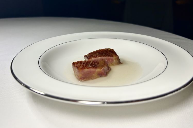 Cavalluccio marino. Carne di cavallo vecchio, «sviluppa omega 3 e l’ossidazione prende sapori che tendono al vegetale e al marino, quasi come un grasso di ricciola». Tilli amplifica questa nota gustativa con un poco di brodo d’aringa