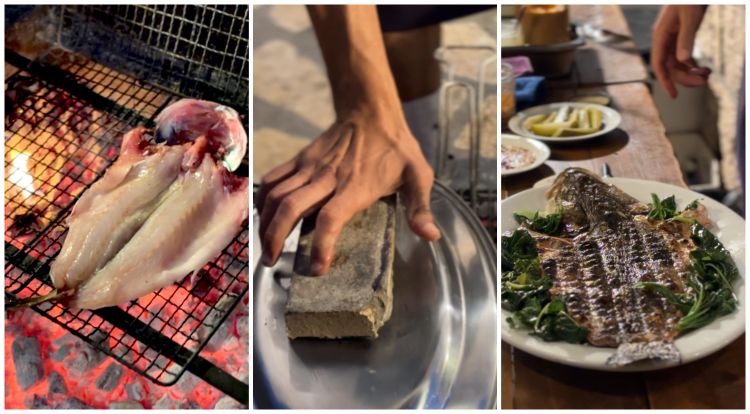 Branzino cotto alla griglia dall’esterno, coperto con un peso e impiattato