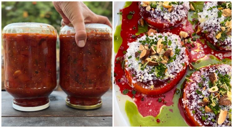 Conserva di pomodoro fatta in casa e pomodoro a fette, condito con prugna e formaggio di capra