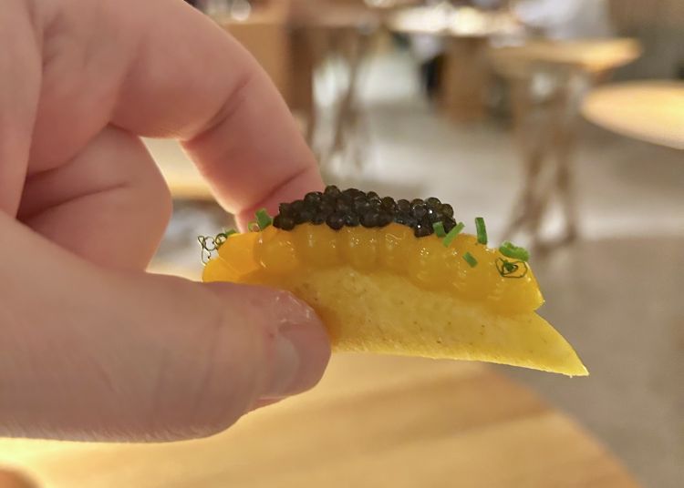 Empanada dimais, crema di patata ratta, crema di tuorlo d’uovo, caviale, erba cipollina