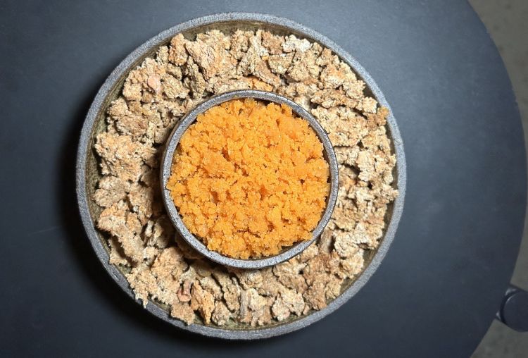 Crema di prugna acida, granita di carota dolce invernale, aceto di nocciolo di prugna. «È una granita di carota dolce invernale con prugna lattofermentata. Dai noccioli della prugna ricaviamo anche una sorta di aceto, a cui aggiungiamo un po’ di miele»
