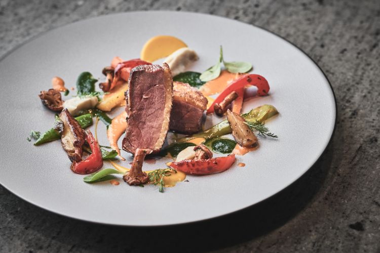 Filetto di vitello bio, pesto alle erbette dell'orto, purè di ceci, fagiolini, radici di terra
