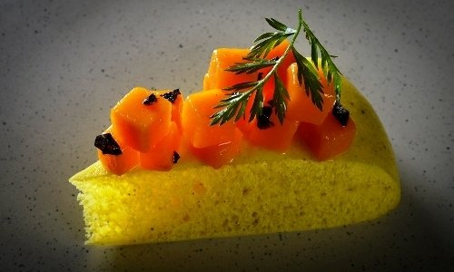 Indian steamed focaccia with yellow pumpkin and bl