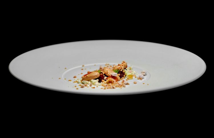 Dopo gli appetizer (Trota marinata al curry, fiori di sambuco e gel allo zenzero; Macaron al cacao con fegatini di pollo e gel al vinsanto; Cannolo di peperoni dolci con coda di vitello e gel di sedano; Duxelle di funghi con chips di semi e gel all’aceto balsamico; Brodo di montagna di pollo (dalle alette di pollo alla griglia), licheni, funghi disidratati, purea di piselli e olio di alloro) ecco il primo piatto: Foie gras, nespola, mandorla e basilico. Sono pepite di foie gras ghiacciato, battuto di nespole e salsa di nespole, polvere di basilico, gela di amaretto e mandorle caramellate. Da accompagnare al pan brioche. Un uso intelligente e non convenzionale del foie gras. Ora il piatto è diventato Fegato, albicocca, cocco e fiori di siliquastro