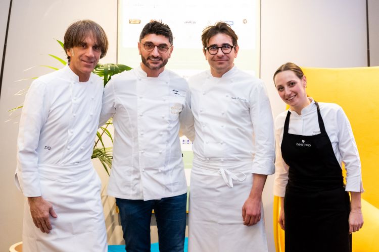 Davide Oldani, Andrea Aprea, Guido Paternollo e Daniela Kuhnreich (pastry chef di Da Vittorio)
