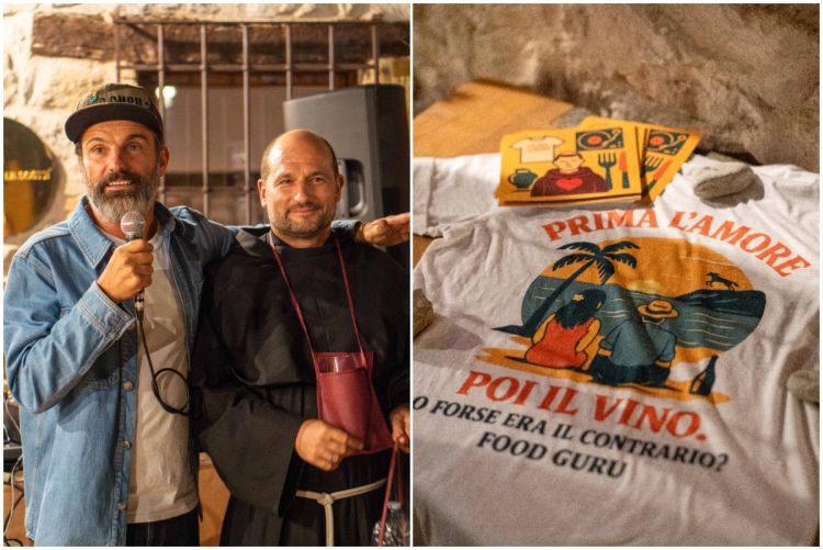 Filippo Polidori con frate Andrea e, a destra, la t-shirt la cui vendita andrà in beneficienza a favore dei frati francescani

