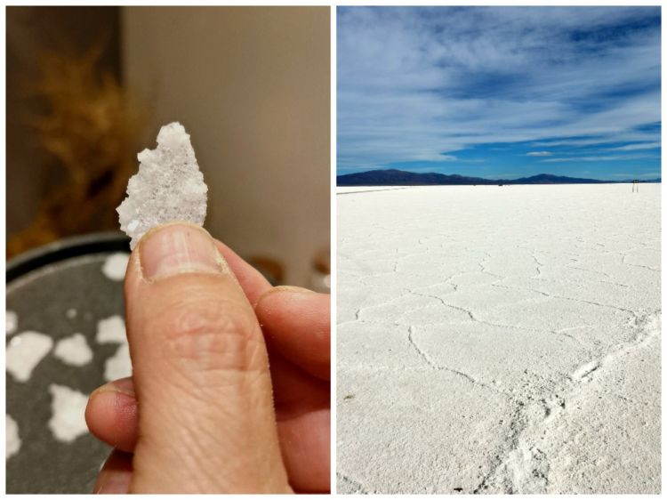 Walter Leal ci mostra un cristallo di sale estratto dalle Salinas Grandes (a destra), un deserto di sale di 212 km² a 3,450 metri di altezza, al nord di Jujuy
