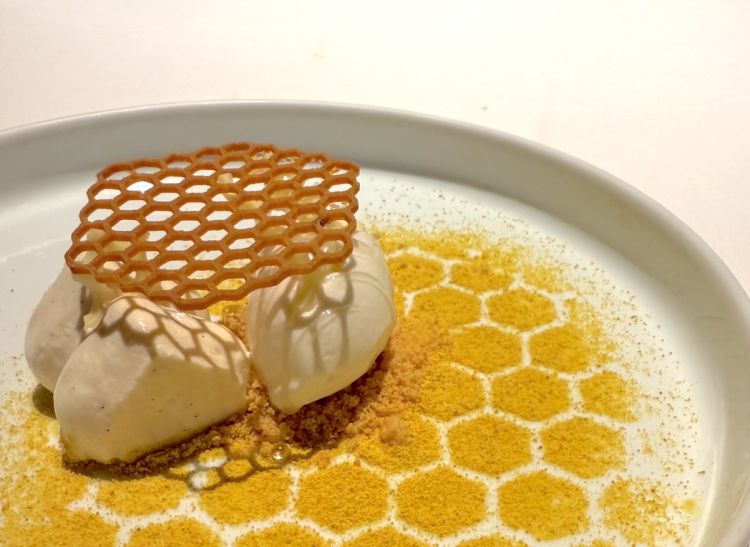 Panna cotta al peperoncino, polline, gelato allo yogurt e variazione di miele
Il gelato smorza il peperoncino, deciso, mentre la variazione di miele controbilancia l’acidità dello yogurt