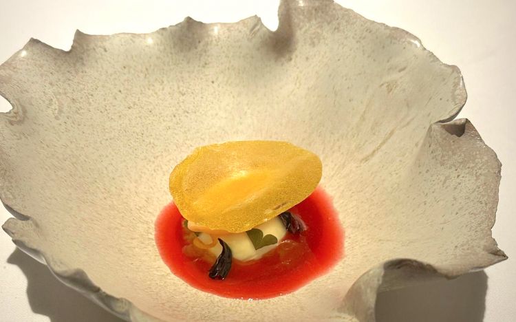 Arancio, mousse di olio di oliva con sorbetto all&rsquo;arancia e Campari, cialda di arancia su base di salsa di mandarino e radicchio, con buccia di arancia semi candita
