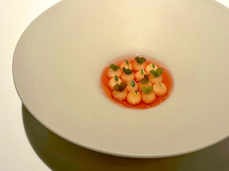 Mela &egrave; il benvenuto:&nbsp;omaggio alla mela selvatica Francesca, amatissima dai Medici, deve il suo nome alla via Francigena lungo la quale era frequente incontrarla gi&agrave; al tempo dei romani. Viene servita in sfere croccanti e foglie di oxalide, su base di succo di mela e timo limonato
