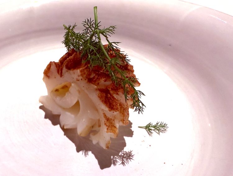 Seppia con polvere di cordyceps, accompagnata da radicchio dell’orso sott'aceto