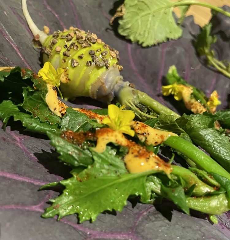 Parte del benvenuto: Rape sbollentante, servite con maionese al prezzemolo e gel al basilico. Foto di Marialuisa Iannuzzi
