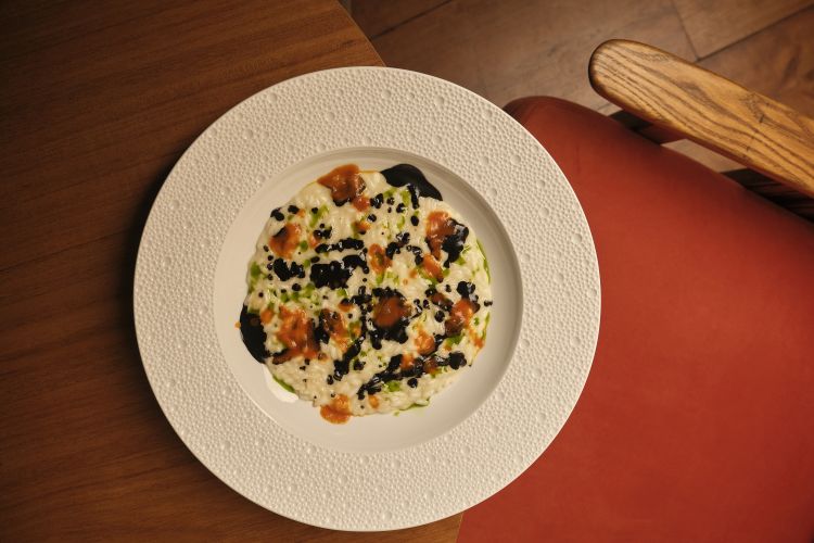 Risotto, aglio nero, peperone di Carmagnola