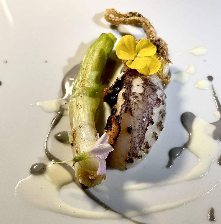 Seppia arrosto, cipollotto e maionese al suo nero
Il ricordo del periodo veneziano: seppia. La testa viene cotta alla brace, i tentacoli, invece, fritti in farina di polenta, serviti con una maionese classica e una al nero. Meraviglioso il cipollotto che fonde e apporta dolcezza