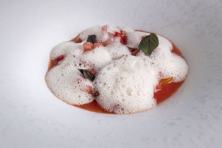 Gamberi marinati, 15 pomodori, cocomero e zigolo, 