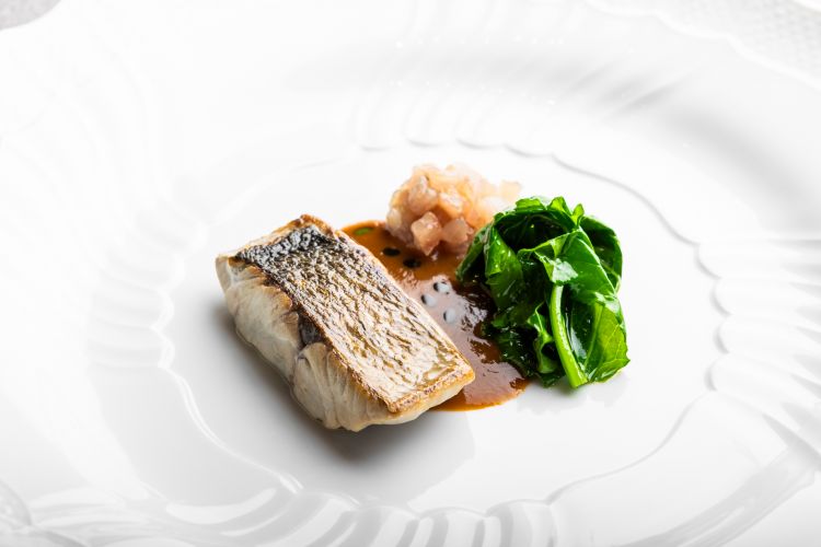 Pesce serra, guazzetto di granchio con S. Marzano di Casa Marrazzo, olio al prezzemolo e cima di rapa