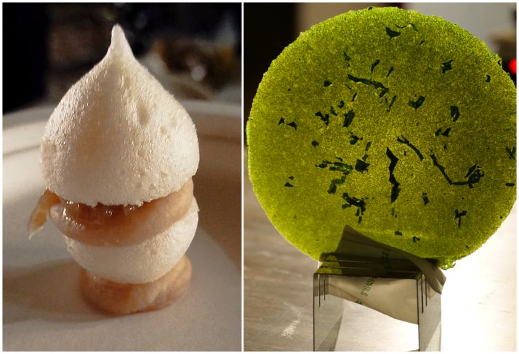 Alcuni dei piatti che abbiamo assaggiato durante la quattro giorni di Irpinia Mood: La finta meringa, una dedica all'Irpinia di Michele De Blasio, chef del ristorante Volta del Fuenti, a Vietri sul Mare, e il Senbei Partenopeo dello chef Roberto Allocca del ristorante Cinque Foglie a Battipaglia (Salerno)
