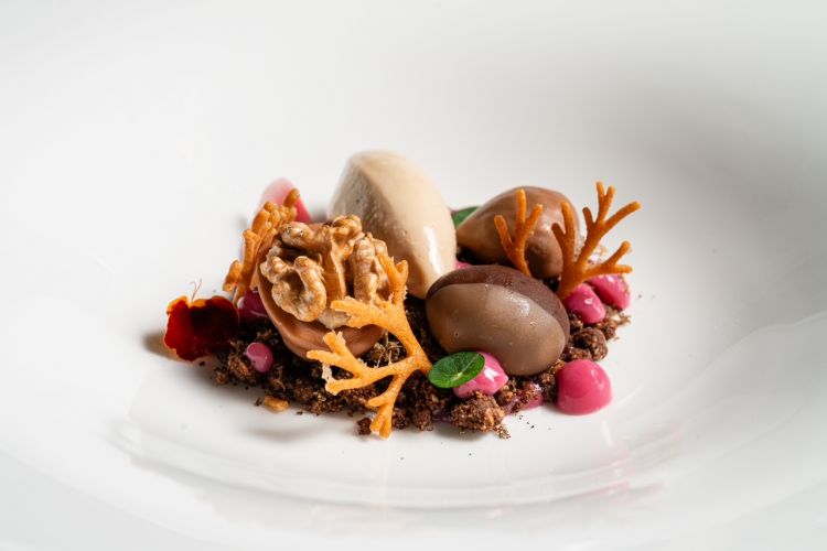 Bosco e sottobosco: crumble al cioccolato, cremoso alla castagna, mousse alle noci, more, gelato alla nocciola, tartufo nero e gel al melograno. In abbinamento, kombucha ai frutti rossi
