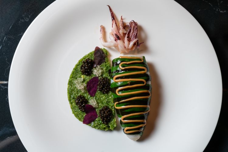 Calamaro psichedelico: calamaro ripieno, quinoa all&rsquo;estratto di spinaci, finger lime, caviale di storione, crema di plancton e arachidi. Il calamaro &egrave; cotto alla perfezione; risulta tenero, esaltato dal gustoso ripieno. A parte viene servita una quinoa all&rsquo;estratto di spinaci ravvivata da finger lime, caviale di storione, crema al plancton e arachidi
