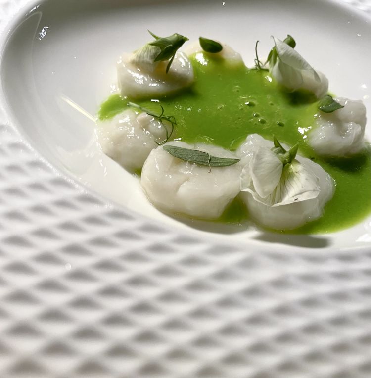 Gnocchetti al Parmigiano e crema di piselli: una vera delizia. Gli gnocchi vengono realizzati con Parmigiano Reggiano 36 mesi (quindi privo di lattosio), uniti alla sua acqua e kuzu, una fecola ottenuta dalle radici di un albero perenne che cresce in Giappone. Sprigionano intensità, il calore del formaggio che fonde, partendo da una consistenza quasi callosa, fino a sciogliersi e spalmarsi sul palato. Dei piselli, invece, viene utilizzata praticamente ogni parte - frutto e baccello - per restituire alla crema una nota più dolce che si alterna a una più erbacea
