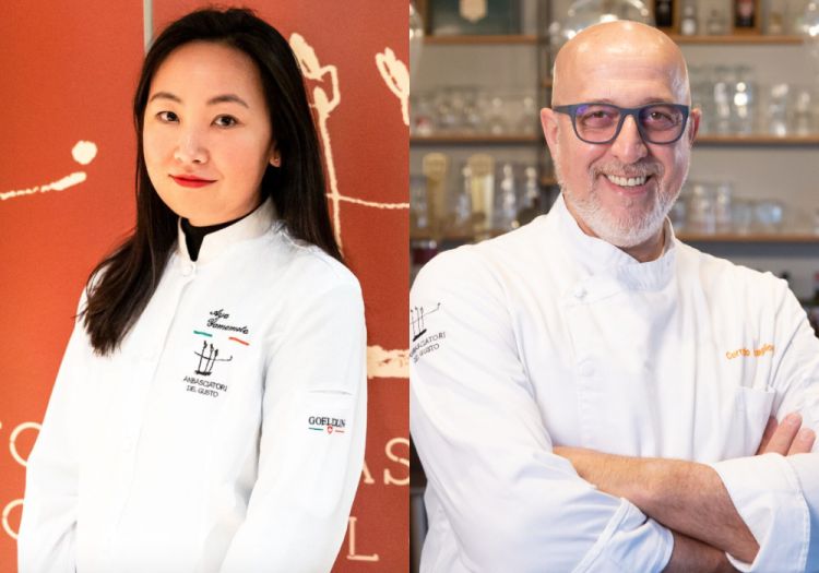 A sinistra Aya Yamamoto, proprietaria di Gastronomia Yamamoto e Corrado Scaglione, maestro pizzaiolo di Enosteria Lipen, a Triuggio (Monza - Brianza). Entrambi fanno parte della rete Ambasciatori del Gusto
