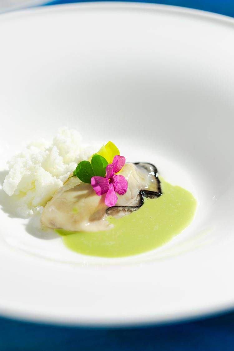 Ostrica e granita di cioccolato bianco con tabasco verde e salsa all'acetosella
La salsedine, il mare intenso dell'ostrica vengono domati con dolcezza dal cioccolato bianco, che non diventa stucchevole perchè arriva sotto forma di granita, mentre l'acetosella e il tabasco verde apportano un sentore vegetale fresco, appena appena speziato