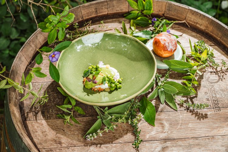 Vellutata “Caldo-freddo” di piselli e asparagi, ricotta, brioche al formaggio e guanciale