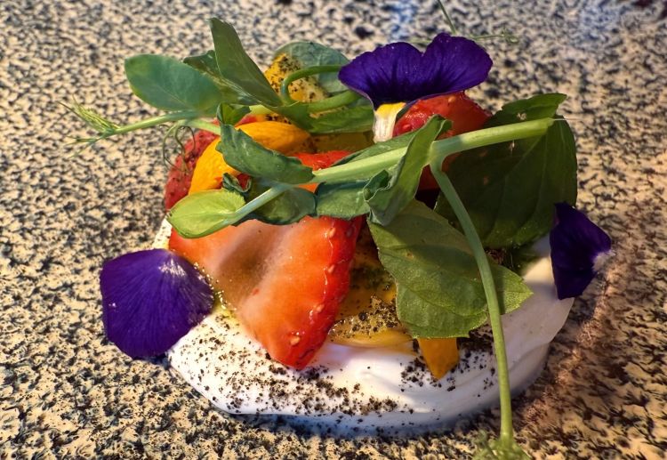 Si prosegue con il Labneh fatto in casa con menta, olio alle erbe di montagna, polvere di carbone vegetale, pomodorini confit, barbabietole grigliate, kumquat e fragole. Si tratta di un tipo di yogurt tipico delle cucine del Medio Oriente, realizzato con latte di pecora, mucca o, più raramente, anche di capra, in questo caso aromatizzato alla menta e servito con barbabietole grigliate, fragole, pomodorini confit, kumquat, polvere di carbone vegetale e olio alle erbe di montagna. Un piatto fresco, colorato, leggero e delicato.