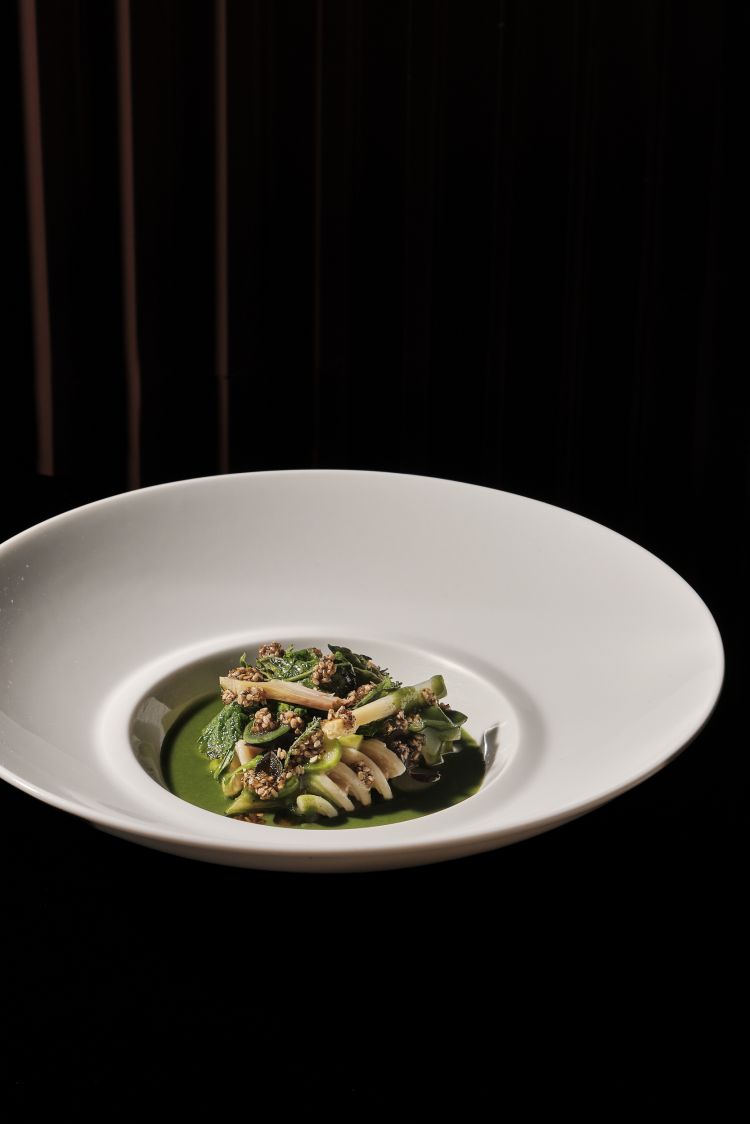 Fienogreco: fusilloni rigati, borragine, fave, carciofi, cipollotto e zucchine
