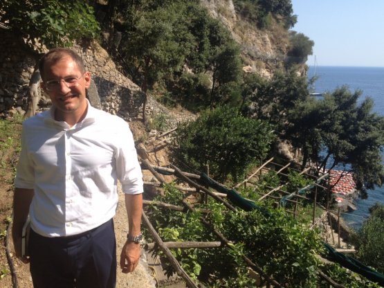 With Andrea Zana, San Pietro’s hotel operations manager, on the terraced vegetable gardens of the hotel 