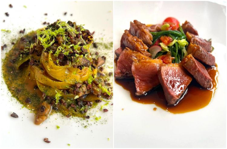 Tagliatelle con agnello al forno, fave di cacao, alloro e agrumi e Anatra, foie gras, insalata di stagione e arance