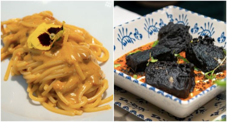 Spaghettone di Gragnano ai ricci di mare e Baccalà al nero di seppia su salsa alla puttanesca, yogurt greco e crema di basilico